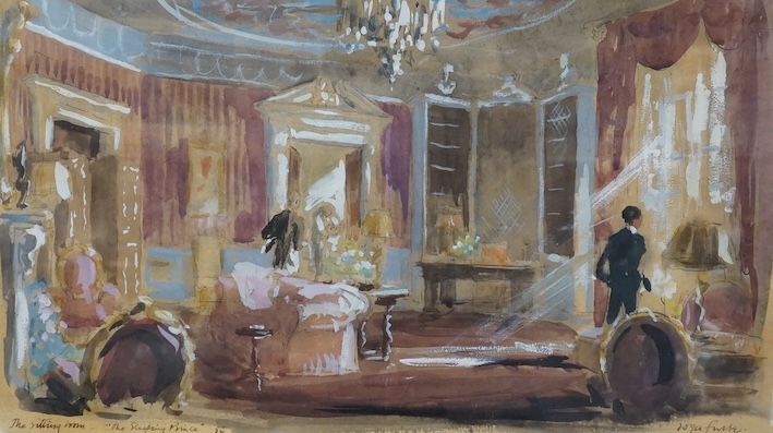 Roger Furse (1903-1972), theatrical interest, heightened watercolour and mixed media, Scene from the sitting room, The Sleeping Prince, signed and inscribed in ink, 24 x 41cm. Condition - fair to good